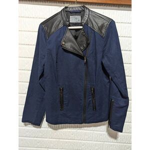 Ruff Hewn Grey Women's Blue Asymmetrical Zip & Black Faux Leather Trim Jacket Si